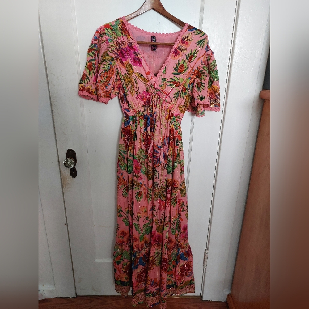 Me 2 Magic Pink Small Boho Maxi Tiered Floral Dress